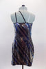 Black & blue angled stripes accent this  silver sequined, one shoulder tunic dress. Back left has angled straps & clear strap on right. Has separate bottoms. Back