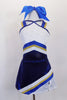 Adorable cheerleader costume has attention to detail with wide shoulder bands in blue gold & white that accents the pointed  torso & angled  stripe skirt design. has attached bottom and hair bow. Front