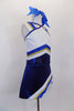 Adorable cheerleader costume has attention to detail with wide shoulder bands in blue gold & white that accents the pointed  torso & angled  stripe skirt design. has attached bottom and hair bow. Right side