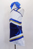 Adorable cheerleader costume has attention to detail with wide shoulder bands in blue gold & white that accents the pointed  torso & angled  stripe skirt design. has attached bottom and hair bow. Left side
