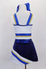 Adorable cheerleader costume has attention to detail with wide shoulder bands in blue gold & white that accents the pointed  torso & angled  stripe skirt design. has attached bottom and hair bow. Back