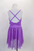 Lavender sequined sheer leotard dress has gathered front bodice with crystal accents Low open back has cross straps. Wide waistband gathers in bow knot at back. Has large flower at waist and matching hair accessory. Back