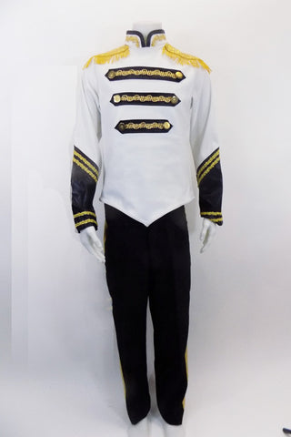 White & black accented, coronation style tunic has mandarin collar & zip back. Gold braiding on neck/arms, gold epaulettes on shoulders. Comes with black pants. Front