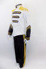 White & black accented, coronation style tunic has mandarin collar & zip back. Gold braiding on neck/arms, gold epaulettes on shoulders. Comes with black pants. Side