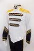 White & black accented, coronation style tunic has mandarin collar & zip back. Gold braiding on neck/arms, gold epaulettes on shoulders. Comes with black pants. Front  zoomed