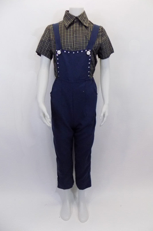 Navy overalls with crystal bib and buttons has velcro closure. The matching checkered shirt has short sleeves and brown tartan print. Comes with large, brown suede cowboy hat. Front