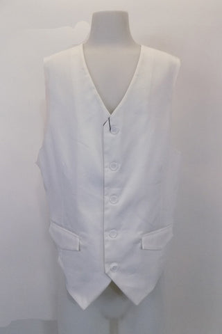 White five-button slim cut “Urban” vest has faux flap pockets at front. The white satiny back has an adjustable waist buckle. Front