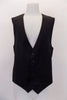 Black with fine grey pin-stripe, six-button, “URBAN” slim-fit vest has slit pockets at front. The black satiny back has adjustable waist buckle. Front