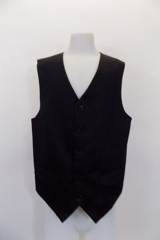 Black five-button, “Urban” vest has darted side seams & faux flap pockets at front. The black pin-stripe satin back has adjustable waist buckle. Front