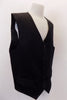 Black five-button, “Urban” vest has darted side seams & faux flap pockets at front. The black pin-stripe satin back has adjustable waist buckle. Side