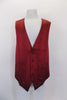 Deep red stripe textured “Sergio Louis” vest has European design with four fabric buttons, side darts, faux pocket accents and a black satiny back with adjustable waist buckle. Front