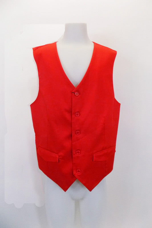 Red five-button cotton/polyester slim cut “Urban” vest has faux flap pockets at front. The red satiny back has an adjustable waist buckle. Front