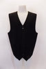 Black, four-button, “Gigliano” European design vest has faux, square flap pocket accents & darted seams at front. Black satiny back has an adjustable buckle. Front