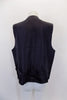 Navy five-button, vest has a slim cut European styling with full darted side seams, Has a black satiny back with darted seams and adjustable waist. Back