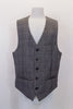 Tartan earthtone 5-button,“URBAN” slim-fit vest has darted seams, horizontal slit pockets & breast pocket accents at front. Grey back has adjustable buttons. Front