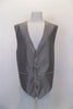 Silver-grey five-button, “Protocol” slim-cut vest has fabric buttons and horizontal accented slit pockets. The black satiny back has adjustable waist buckle. Front