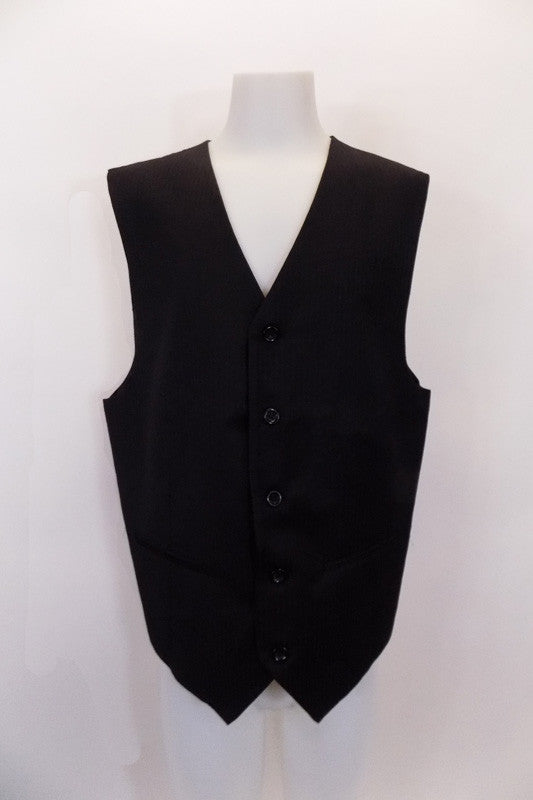 Black five-button, “Gigliano” vest has tapered front and back seams and faux slit pockets at front. The black pin-stripe satin back has adjustable waist buckle. Front