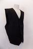 Black five-button, “Gigliano” vest has tapered front and back seams and faux slit pockets at front. The black pin-stripe satin back has adjustable waist buckle. Side