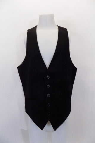 Black five-button, cotton “H&amp;M” slim-fit vest has angled slit pockets at front. The black satiny back has adjustable waist buckle. Front