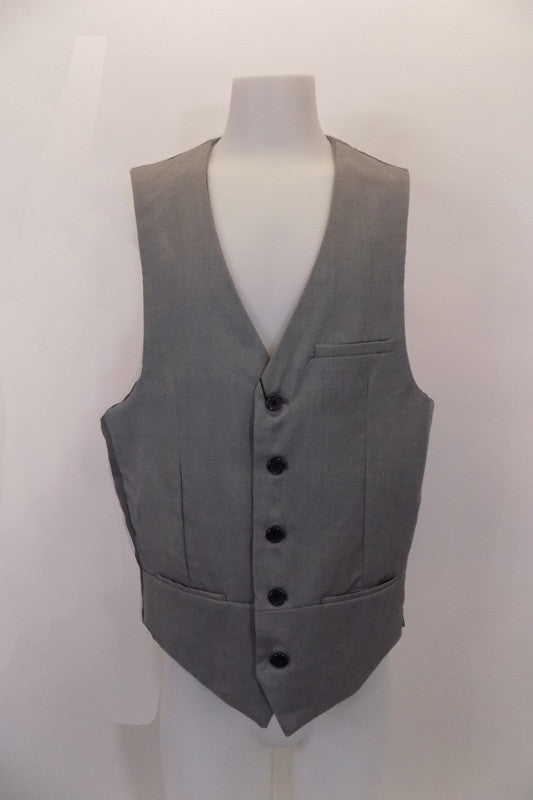 Grey textured five-button, “Urban” vest has darted side seams, faux slit pockets and breast pocket accents at front. The grey satiny back has adjustable buttons. Front