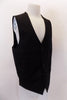 Black five-button, “Urban” vest has darted side seams, faux slit pockets & front breast pocket accents . The black satiny back has buttons to adjust waist. Side