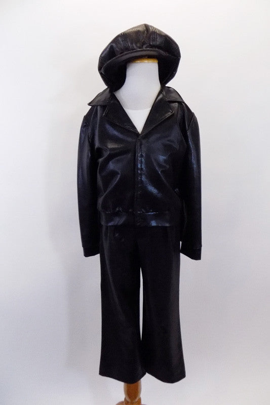 Boy's 4-piece outfit includes a white tank top, pleather jacket, pleather pants & pleather newsboy hat. There are slight scuff marks on the knees from sliding. Front