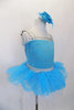 Turquoise velvet leotard has silver swirls with crystal covered silver banding & deep open back. The pull-on tutu has silver waistband & turquoise tulle.  Comes with floral hair accessory. Side