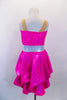 Hot pink sparkle dress has strapless effect through nude mesh straps. Front bust is pinched as is the bottom for bubble effect. Has silver waistband & hair clip. Back