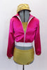 80 's Roller Derby themed gold half top & matching brief style short has accompanying hot pink satin jacket with gold stripe down the arms. Comes with gold newsboy hat. Front