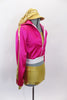 80 's Roller Derby themed gold half top & matching brief style short has accompanying hot pink satin jacket with gold stripe down the arms. Comes with gold newsboy hat. 
