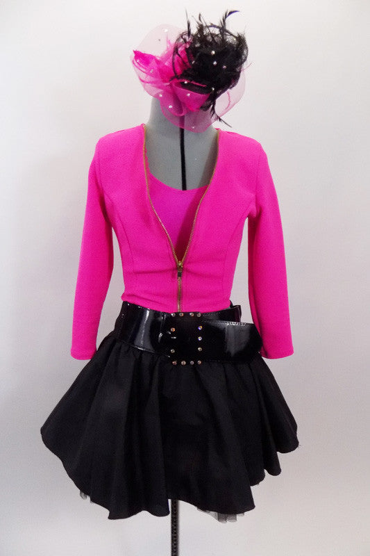 Pink racer-back top has crystalled neckline & pink short jacket. The matching black taffeta skirt has tulle petticoat Comes with large pink & black hair accessory & patent belt. Front