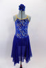Blue camisole leotard dress has gold edging & swirls of pale blue, silver & gold on a royal blue velvet base. The shirt is knee length blue flowing chiffon. Comes with blue rose hair accessory. Front