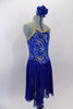 Blue camisole leotard dress has gold edging & swirls of pale blue, silver & gold on a royal blue velvet base. The shirt is knee length blue flowing chiffon. Comes with blue rose hair accessory. Side
