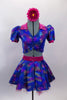 Blue base, 3-piece costume has pinks & golds throughout. Pouf sleeved half top has hot pink, crystalled velvet collar & matching skirt. Has pink floral hair accessory. Front 
