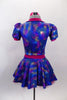 Blue base, 3-piece costume has pinks & golds throughout. Pouf sleeved half top has hot pink, crystalled velvet collar & matching skirt. Has pink floral hair accessory. Back