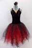 Ballet dress has red tulle bottom with black crystal tulle overlay. Bodice is black velvet with bust area embossed with ruffle ribbon & covered in crystals. Comes with floral hair accessory and flowing ribbon accents at back. Front