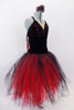 Ballet dress has red tulle bottom with black crystal tulle overlay. Bodice is black velvet with bust area embossed with ruffle ribbon & covered in crystals. Comes with floral hair accessory and flowing ribbon accents at back. Side