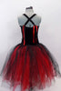 Ballet dress has red tulle bottom with black crystal tulle overlay. Bodice is black velvet with bust area embossed with ruffle ribbon & covered in crystals. Comes with floral hair accessory and flowing ribbon accents at back. Back