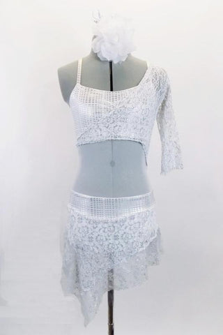 White leotard dress has white mesh middle & white bra with silver fleck, pinch front & cross back. Has white/silver lace, one-sleeve shrug & matching lace skirt. Comes with floral hair accessory. Front
