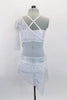 White leotard dress has white mesh middle & white bra with silver fleck, pinch front & cross back. Has white/silver lace, one-sleeve shrug & matching lace skirt. Comes with floral hair accessory. Back