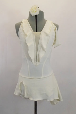 Ivory open back, halter neck leotard dress has princess cut front seams &ruffle accented deep V mesh center. Bottom has banded legs & attached short skirt. Comes with Ivory floral hair accessory. Front