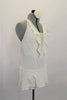 Ivory open back, halter neck leotard dress has princess cut front seams &ruffle accented deep V mesh center. Bottom has banded legs & attached short skirt. Comes with Ivory floral hair accessory. Side