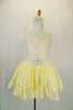 Pale yellow-cream dress has cream sequined pinch-front camisole bodice with rose-ribbon lace skirt over tulle petticoat. Has starburst waist and hair accents. Front