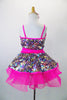 Sparkly camisole dress in rainbow sequins sit on a hot pink tutu skirt, with pink straps & cummerbund waist. Comes with matching pink jacket & hair accessory. Back view no jacket