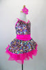 Sparkly camisole dress in rainbow sequins sit on a hot pink tutu skirt, with pink straps & cummerbund waist. Comes with matching pink jacket & hair accessory. Right side view no jacket