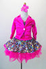 Sparkly camisole dress in rainbow sequins sit on a hot pink tutu skirt, with pink straps & cummerbund waist. Comes with matching pink jacket & hair accessory. Front view jacket closed