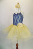 Cornflower blue mesh bodice has gathered diamond pattern on gold base with attached gold glitter tulle skirt.  Comes with floral belt and hair accessory. Left Side