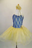 Cornflower blue mesh bodice has gathered diamond pattern on gold base with attached gold glitter tulle skirt.  Comes with floral belt and hair accessory. Front
