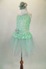 Aqua colored sequined lace bodice with attached panty & lace peplum, rests on layers of alternating aqua & pale grey crystal tulle. Has matching hair piece. Side