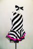 Sweet black and white striped tank dress with hot pink accent makes a statement. Has black tulle petticoat beneath the skirt. Comes with large black & white hair bow. and pink gauntlets. Side